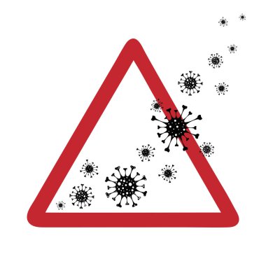 Beyaz zemin üzerinde virüs olan uyarı işareti üzerine vektör illüstrasyonu. Önleme ve hastalığın sembolü. Koronavirüs tehlikesi.