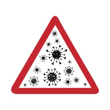 Beyaz zemin üzerinde virüs olan uyarı işareti üzerine vektör illüstrasyonu. Önleme ve hastalığın sembolü. Koronavirüs tehlikesi.
