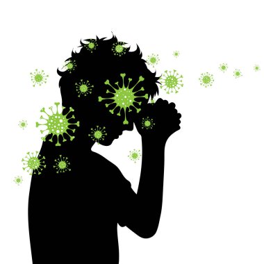 Dua eden ve beyaz arka plana bakteri saçan bir kadının vektör silueti. Hastalık ve koronavirüsün sembolü..