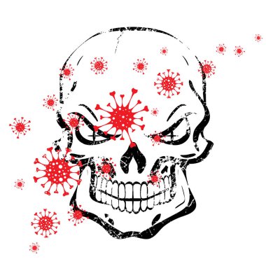 Beyaz arka planda kafatası olan virüsün vektör çizimi. Ölümcül hastalık ve koronavirüsün sembolü..