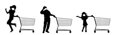 Bir grup vektör silueti beyaz arka planda tıbbi maskeli alışveriş arabasını itiyor. Mağaza aksesuarları ve sağlıklı koruma sembolü.