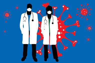 Tıbbi maskeli ve havaya virüs bulaştıran bir çift doktorun vektör çizimi. Hastalık ve koronavirüsün sembolü..