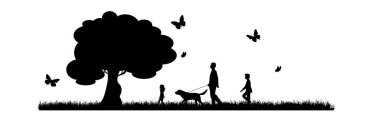 Beyaz arka planda köpekle ve çocuklarıyla çayırda yürüyen bir adamın vektör silueti. Doğanın ve evcil hayvanın sembolü.