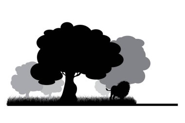 Beyaz arka planda gölün yanında aslanın vektör silueti. Doğanın ve vahşi hayvanların sembolü..