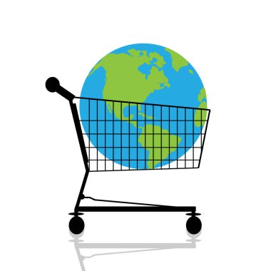 Beyaz arka planda gezegenli alışveriş arabasının vektör silueti. Dükkan aksesuarları ve çevre sembolü.