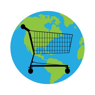 Beyaz arka planda gezegenli alışveriş arabasının vektör silueti. Dükkan aksesuarları ve çevre sembolü.