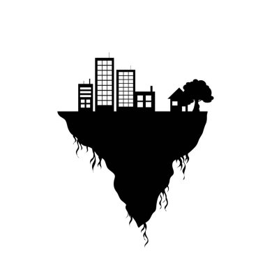 Beyaz arka planda şehir olan bir toprak parçası. Doğa ve çevrenin sembolü.