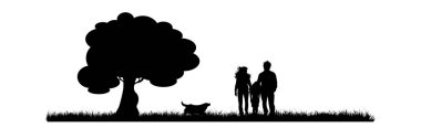 Beyaz arka planda çayırda köpekle yürüyen ailenin vektör silueti. Doğanın ve evcil hayvanın sembolü.