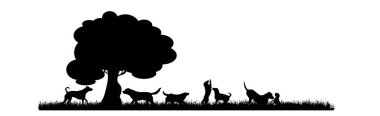 Beyaz arka planda parkta oynayan vektör siluet köpek grubu. Doğanın ve evcil hayvanın sembolü.