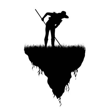 Beyaz arka planda bahçıvan olan toprak parçasının vektör silueti. İnsanların ve gezegenin sembolü..