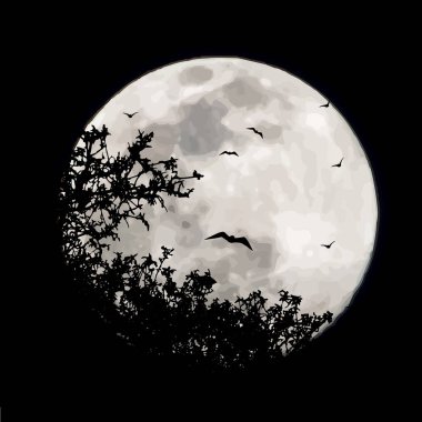 Ay arka planında uçan yarasalar olan bir dalın vektör silueti. Gecenin sembolü..