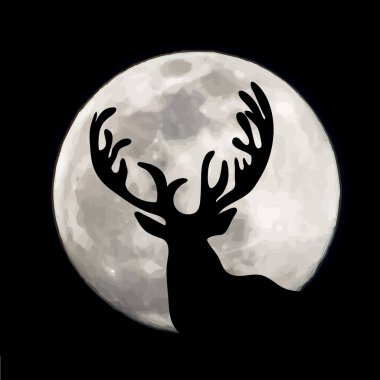 Ay arka planında geyiğin vektör silueti. Gecenin sembolü..