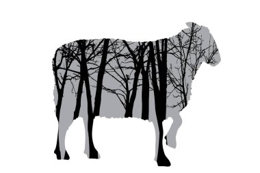 Arka planda ağaçlar olan koyun silueti. Ormanın sembolü.