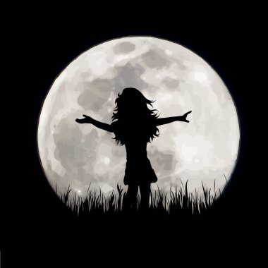 Ay arka planında dans eden bir kızın vektör silueti. Gecenin sembolü..