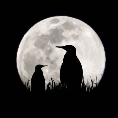 Ay geçmişi olan penguen silueti. Gecenin sembolü..