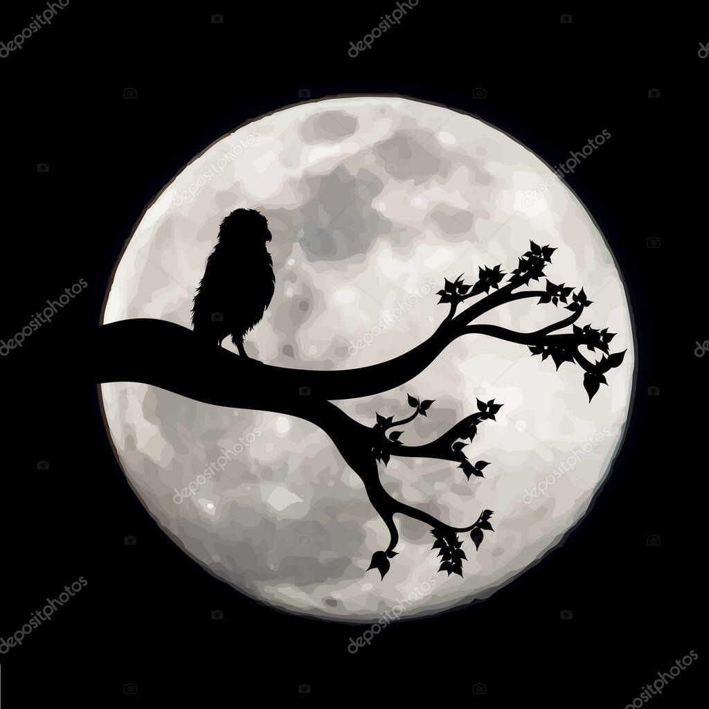 Vector silhouette of branch with owl on moon background. Symbol of night.
