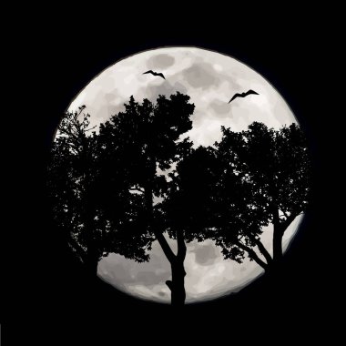 Ay geçmişi olan ormanın vektör silueti. Gecenin sembolü..