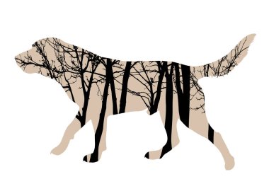 Arka planda ağaçlar olan yürüyen köpeğin vektör silueti. Ormanın sembolü.