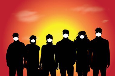 Bir grup insanın silueti. Başarılı iş, takım çalışması, başarı, takım çalışması, takım çalışması, maske ile ortaklık kavramı