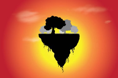 Gün batımında ağaçlı toprak parçası vektör silueti. Doğanın sembolü.