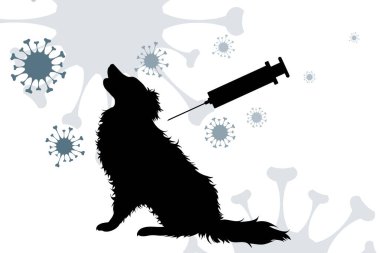 Beyaz arka planda aşılama sembollü köpeğin vektör silueti. Hayvan test karakterini imzala.