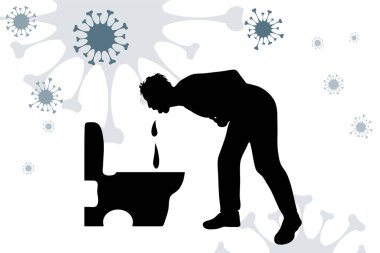 Havaya virüs işareti yayarak kusan adamın vektör çizimi. Hastalık ve koronavirüsün sembolü..