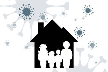 Virüs sembollü aile geçmişi olan bir evin vektör silueti. Sağlıklı ve karantina.