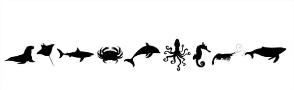 Sammlung Von Vektorsilhouetten Von Wassertieren Auf Weißem Hintergrund Symbol Für — Stockvektor