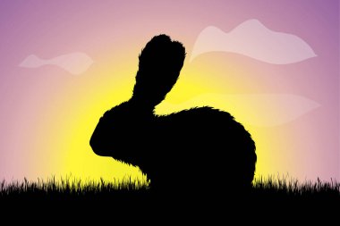 Gün batımında çimlerin üzerinde tavşan silueti. Çiftliğin sembolü.