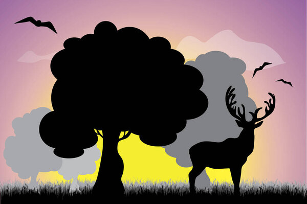 Vector silhouette of tree in meadow and deer at sunset. Symbol of nature.