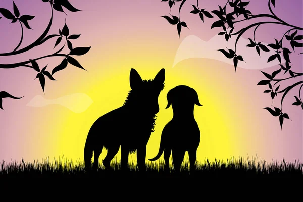 Gün batımında çimenlerde oynayan iki köpeğin vektör silueti. Doğanın sembolü.