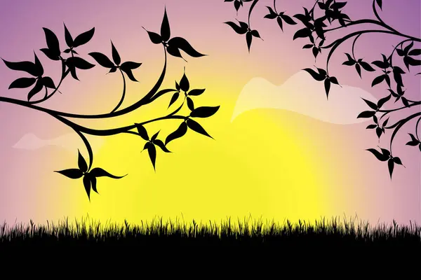 草のある夕日のベクトルシルエット 自然のシンボル — ストックベクタ