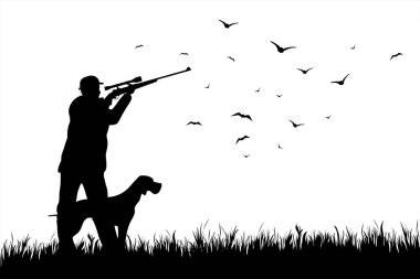 Ormanda köpek avlayan kuşlarla avcı silueti. Hayvan ve doğanın sembolü..
