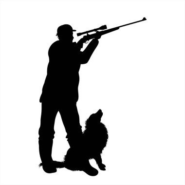 Avcı silueti ve silahlı köpek avı. Hayvanları öldürmenin sembolü.