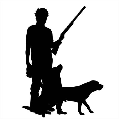 Avcı silueti ve silahlı köpek avı. Hayvanları öldürmenin sembolü.