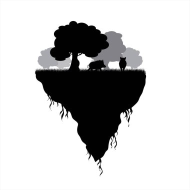 Beyaz arka planda ağaçlı ve yaban domuzlu toprak parçası taşıyıcı silueti. Doğanın ve gezegenin sembolü.