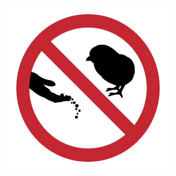 Vector silhouette of do not feeding chicken mark on white background. Symbol of prohibition with animal.