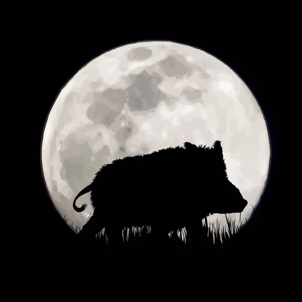 Silhouette Vectorielle Sanglier Sur Fond Lune Symbole Des Animaux Nuit — Image vectorielle