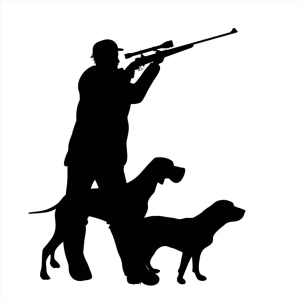銃で狩猟する犬とハンターのベクトルシルエット 動物を殺害するシンボル — ストックベクタ