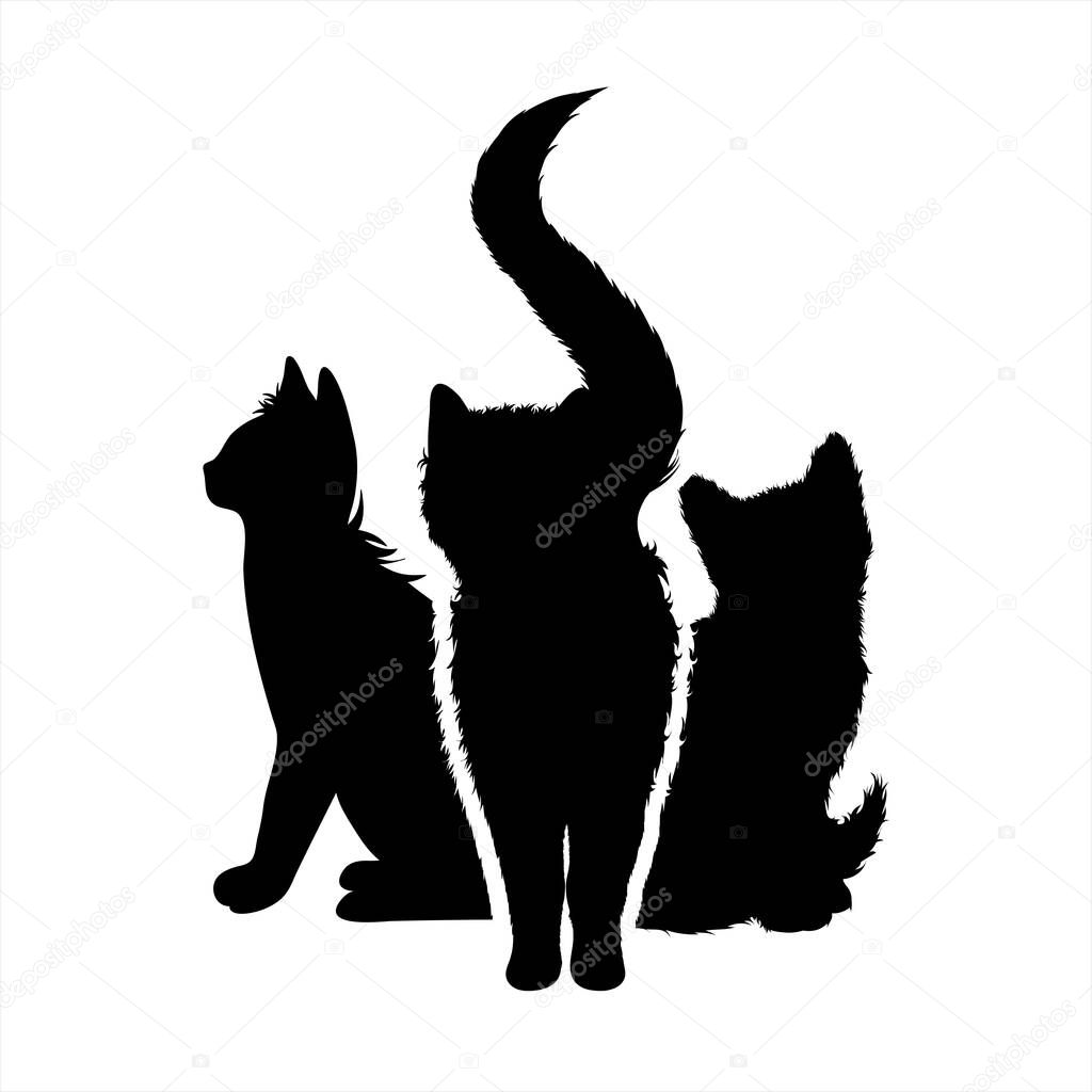 Vector silhouette of collection of cats on white background. Symbol of home animal and pet.