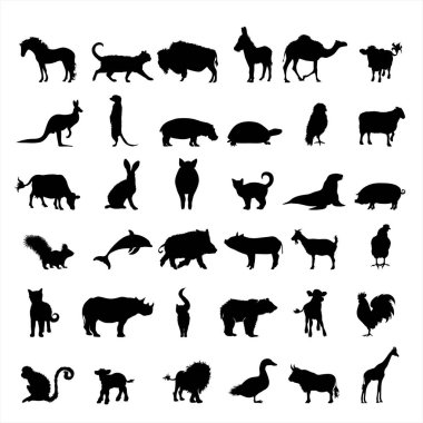 Çiftlik ve vahşi hayvanın vektör silueti koleksiyonu. Doğanın ve yaratıkların sembolü..