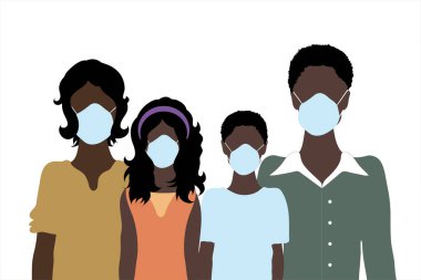 Tıbbi maskeli Afro-Amerikan bir ailenin tasviri. Sağlıklı ve covid-19 'un sembolü.