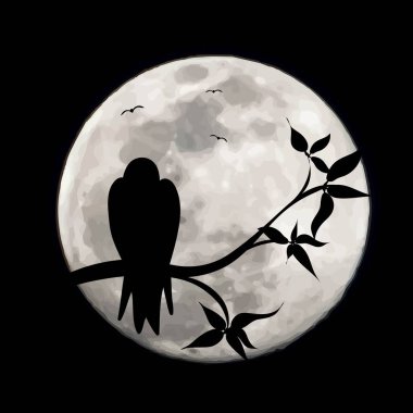Ay arka planındaki dalda oturan kuşun vektör silueti. Gecenin ve vahşi yaşamın sembolü..