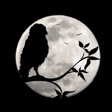 Ay arka planında kuşların vektör silueti. Gecenin ve vahşi yaşamın sembolü..