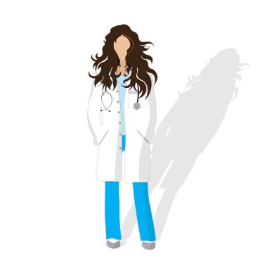 Beyaz arka planda beyaz önlüklü kadın doktorun vektör çizimi.