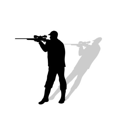 Beyaz arka planda silahlı avcı silueti. Avlanma ve kaçak avcılığın sembolü..