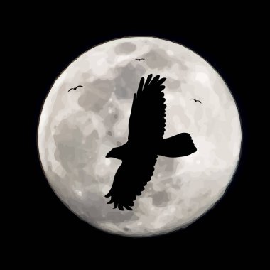 Ay arka planında uçan kuşun vektör silueti. Gecenin ve hayvanın sembolü..