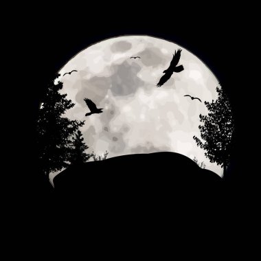 Ay arka planında uçan kuşların vektör silueti. Gecenin ve hayvanın sembolü..