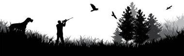 Avcının vektör silueti beyaz arka planda köpeğiyle kuşu vuruyor. Avlanma ve kaçak avcılığın sembolü..