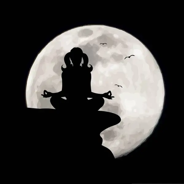 Векторний Силует Медитативної Жінки Фоні Каменю Місяці Символ Ночі Йоги — стоковий вектор